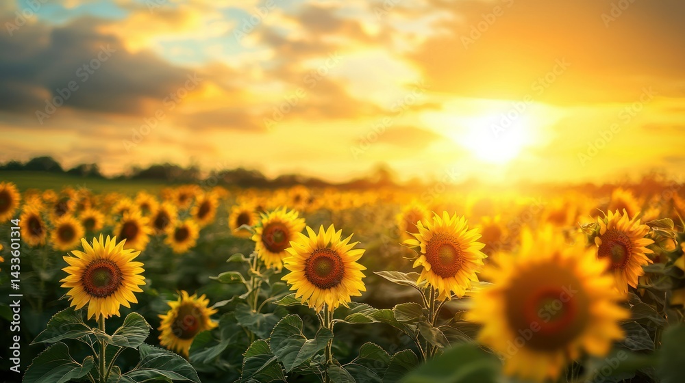 Obraz premium A sunrise over a sunflower field with bright golden tones.