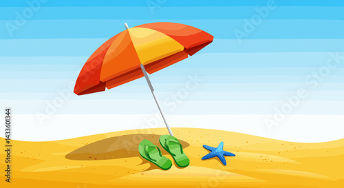 Bright summer beach illustration showing an orange and yellow sun umbrella, green flip-flops, and a blue starfish resting on the warm sand