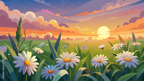 The landscape of white daisy blooms in a field, with the focus on the setting sun. The grassy meadow is blurred, creating a warm golden hour effect during sunset and sunrise time