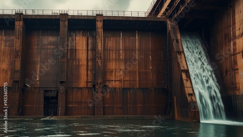 Retro-futuristic rusted dam with large metal panels and water cascading from openings