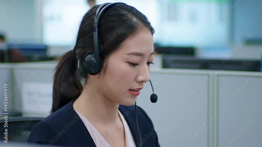 Young operator woman with headsets working in a call centre