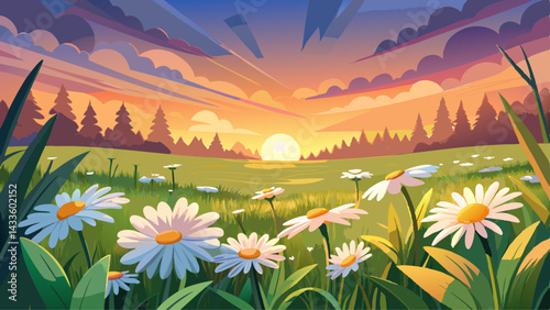 The landscape of white daisy blooms in a field, with the focus on the setting sun. The grassy meadow is blurred, creating a warm golden hour effect during sunset and sunrise time