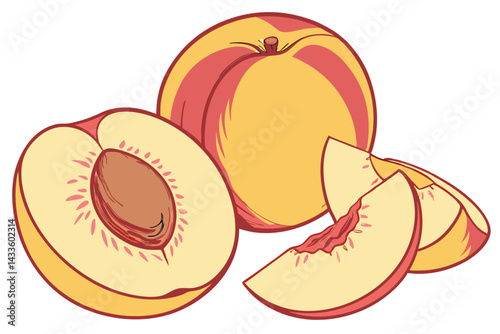 82 Photorealistic peaches, vibrant yellow and red skin, soft fuzzy texture, ripe fruit, natural lighting, closeup detail, white background, botanical illustration style, high resolution, food photogra