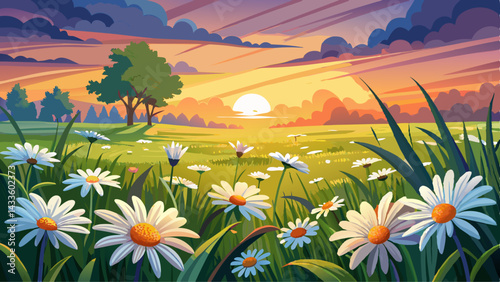 The landscape of white daisy blooms in a field, with the focus on the setting sun. The grassy meadow is blurred, creating a warm golden hour effect during sunset and sunrise time