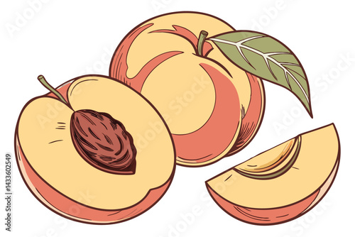82 Photorealistic peaches, vibrant yellow and red skin, soft fuzzy texture, ripe fruit, natural lighting, closeup detail, white background, botanical illustration style, high resolution, food photogra