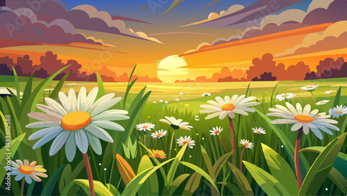 The landscape of white daisy blooms in a field, with the focus on the setting sun. The grassy meadow is blurred, creating a warm golden hour effect during sunset and sunrise time