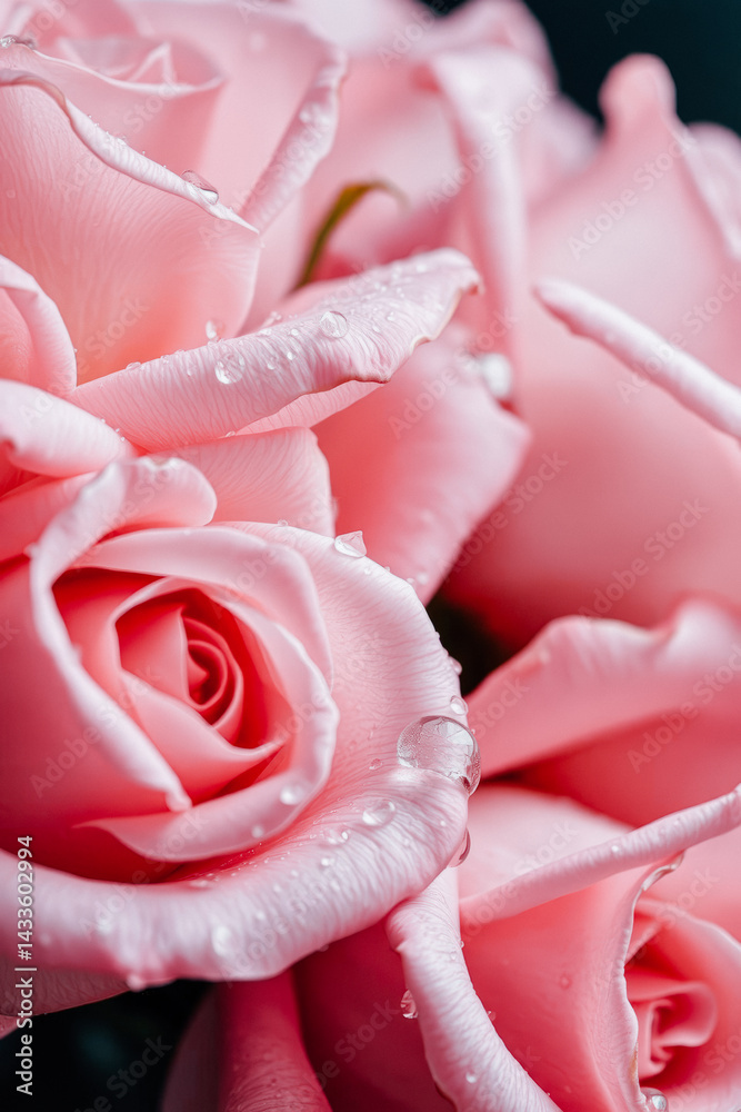 Close Up of Pink Roses with Dew Drops
