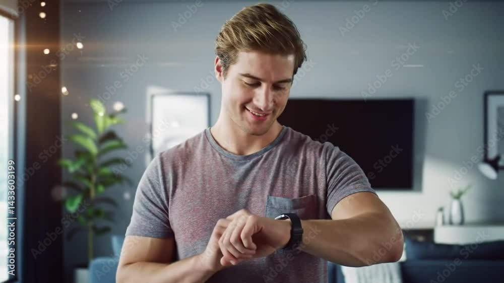 Young smiling casually clothed man using smart watch at home Young smiling casually clothed man using smart watch at home