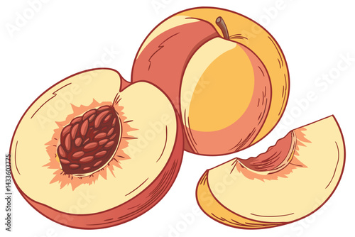 82 Photorealistic peaches, vibrant yellow and red skin, soft fuzzy texture, ripe fruit, natural lighting, closeup detail, white background, botanical illustration style, high resolution, food photogra