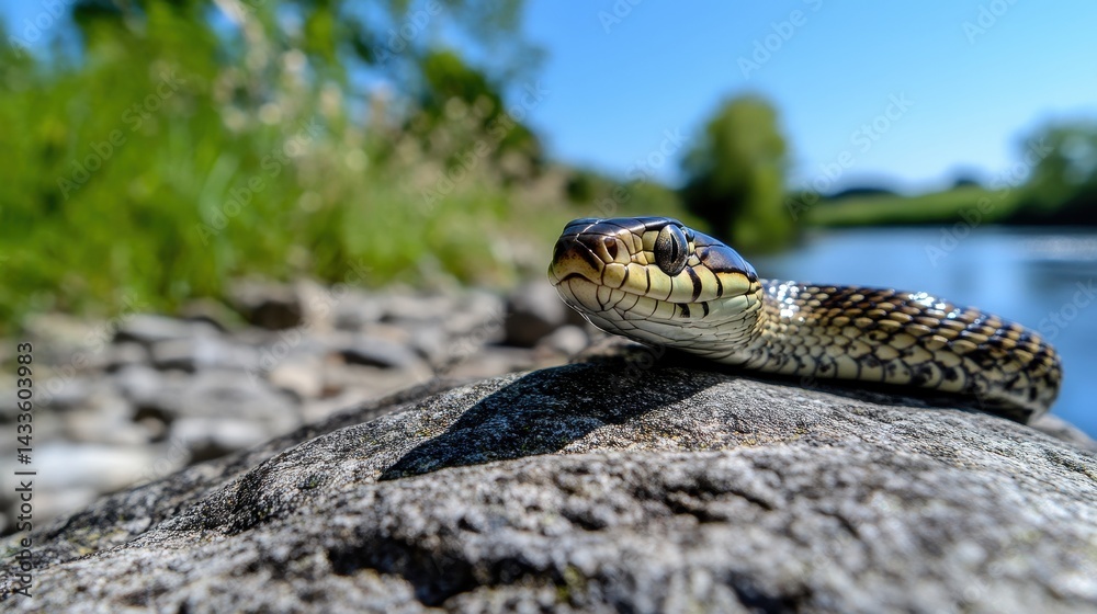 Fototapeta premium Close-Up of a Snake Resting on a Rock by a Calm Riverbank