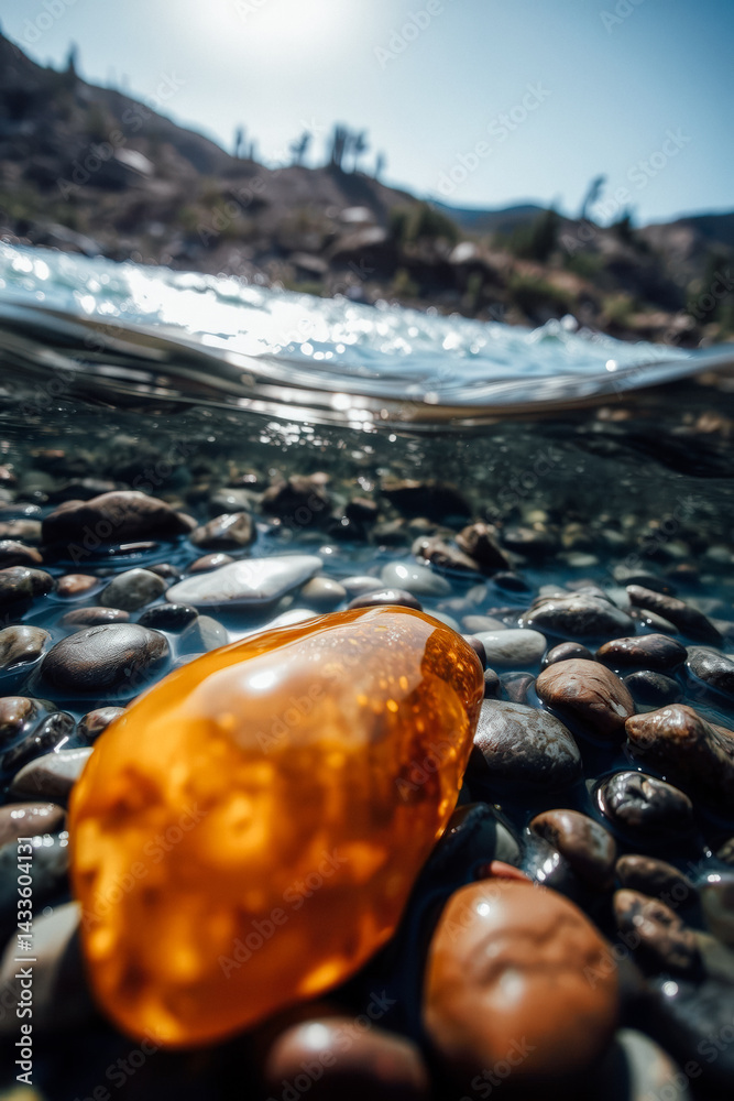 Amber Gemstone in Clear Mountain Stream