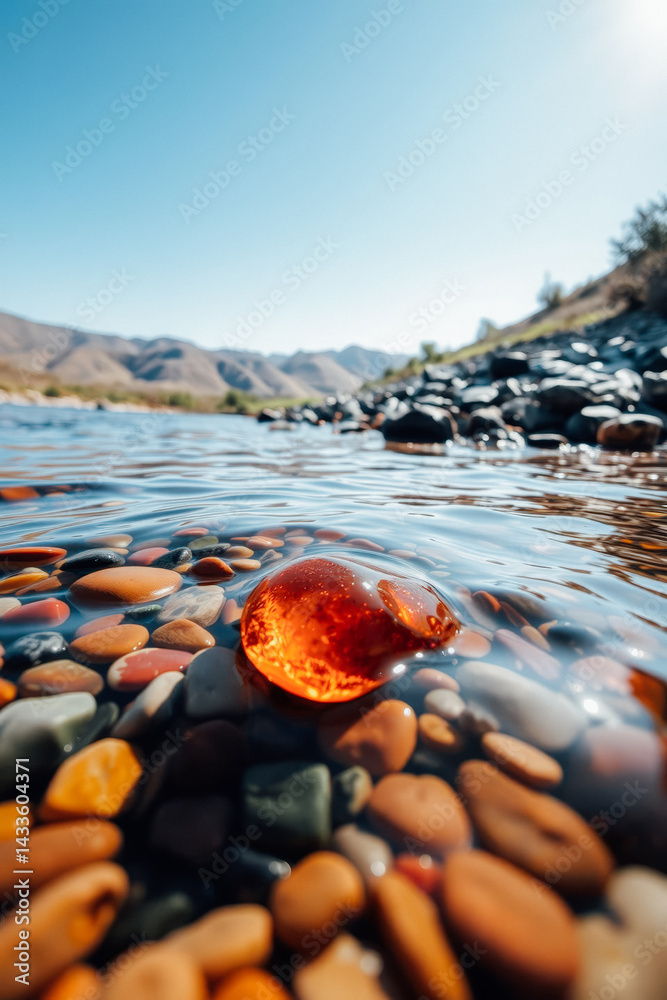 Colorful Pebble Riverbed with Amber Gem