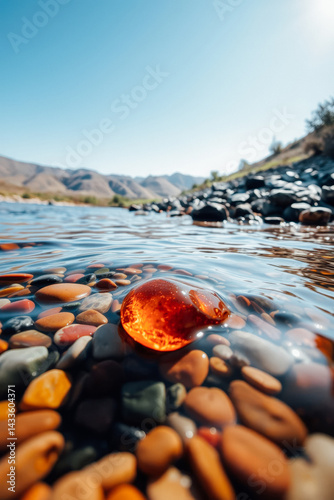 Obraz na płótnie Colorful Pebble Riverbed with Amber Gem w salonie