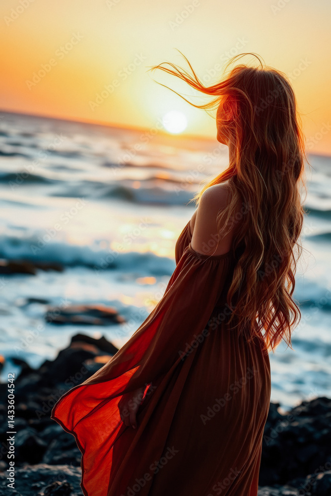 Woman in Flowing Dress at Sunset on Rocks by Sea