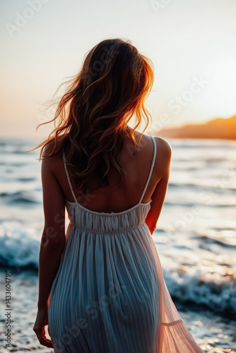 Obraz na płótnie Woman in White Dress at Sunset Beach w salonie