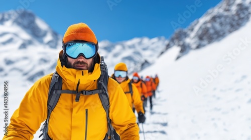 Wallpaper Mural Group of Skiers Ascending a Snowy Slope in Bright Orange Gear Under Clear Blue Sky Torontodigital.ca