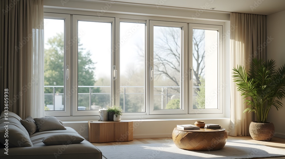 Fototapeta premium Large room in the house with panoramic windows with access to the terrace. Living room of the house with panoramic windows overlooking the park green area.