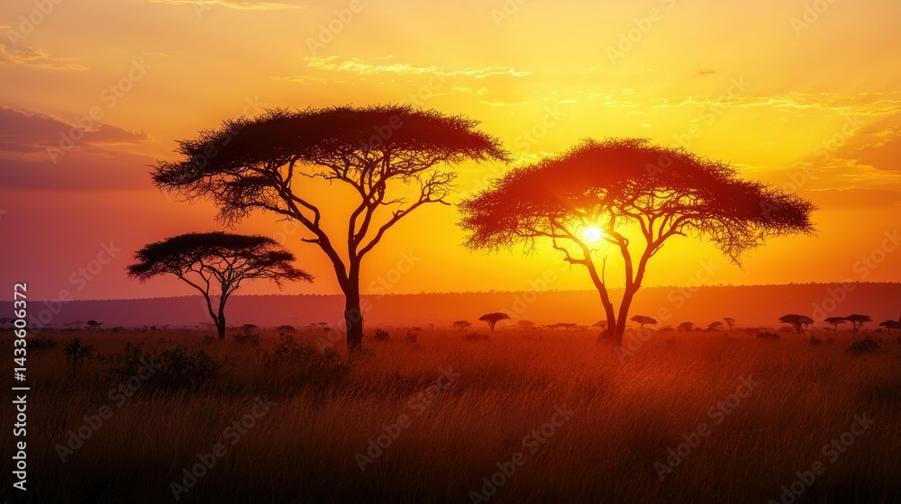 Fototapeta premium A sunset over the African savanna with silhouetted acacia trees.
