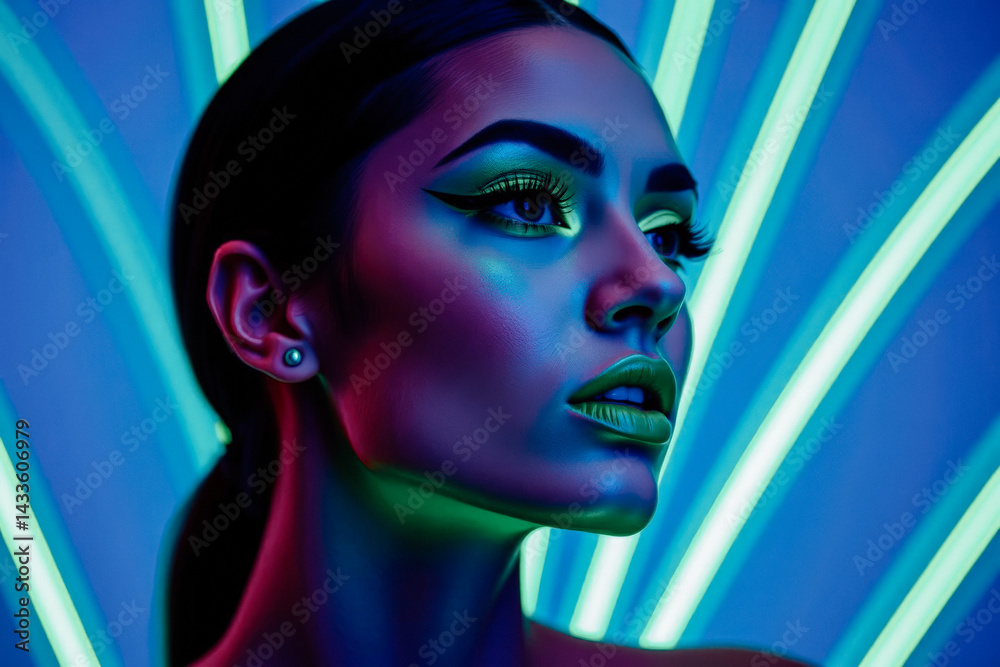 Woman with Vibrant Neon Makeup and Light