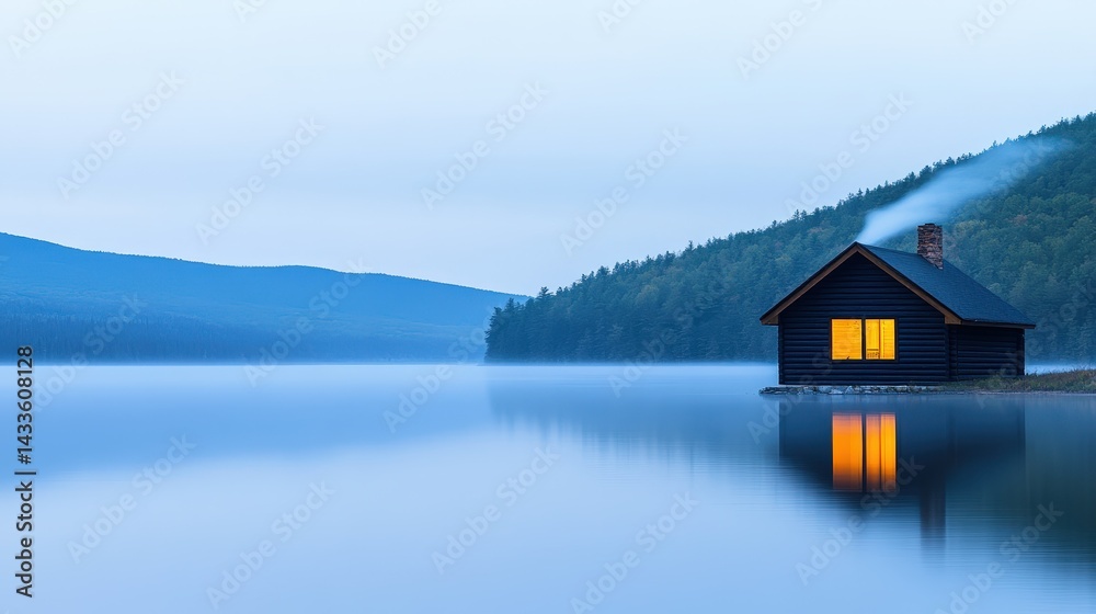 Fototapeta premium A serene lakeside cabin surrounded by misty mountains, reflecting in calm waters, evoking tranquility and solitude.