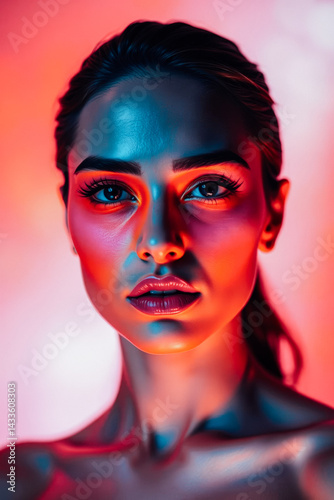 Obraz na płótnie Radiant Woman's Face in Neon Light w salonie