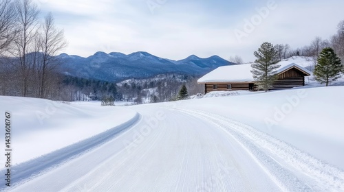 Snowy Trail Wooden Cabin Winter Landscape High-resolution crisp detail Winding path perspective Serene snowy scene Mountain backdrop Cool blue white tones Ideal for winter travel brochures