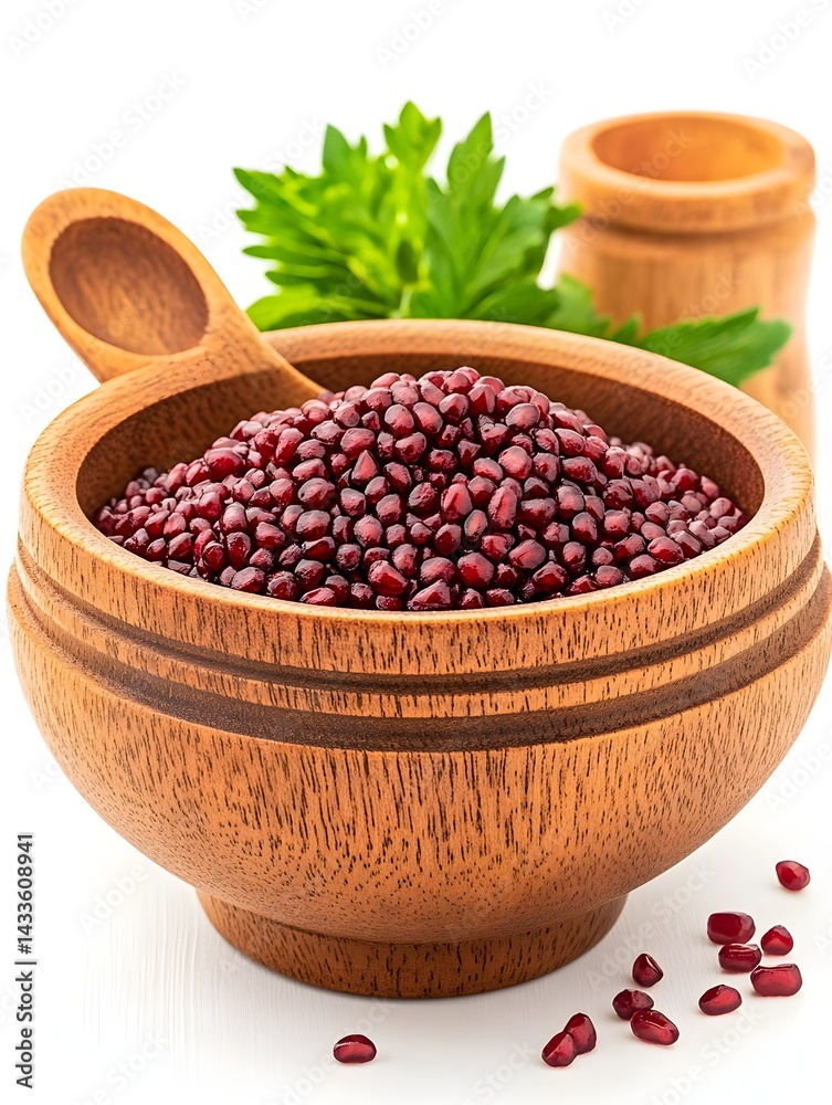 A wooden bowl filled with small, dark red beans, accompanied by a wooden spoon and fresh parsley, sits on a white background A wooden bowl filled with small, dark red beans, accompanied by a wooden spoon and fresh parsley, sits on a white background