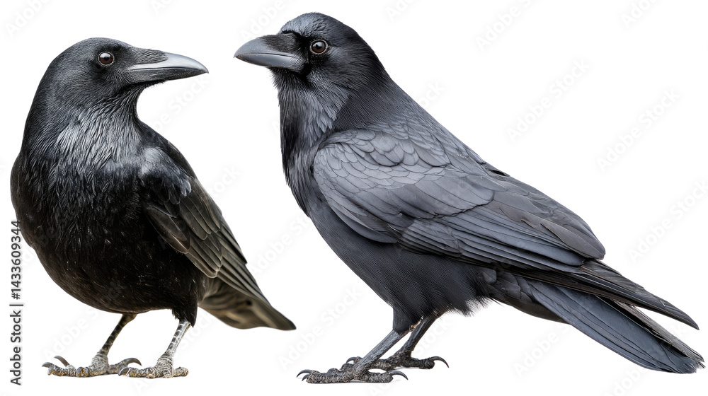 Fototapeta premium Raven Duo: Two majestic ravens, symbols of intelligence and mystery, stand side-by-side, their obsidian feathers gleaming against a stark white background. 