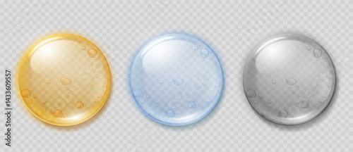 Serum gel. Collagen gel clear realistic drops, cosmetic serum or oil droplets, yellow and blue transparent hyaluron liquid spheres. Skincare product vector 3d set.