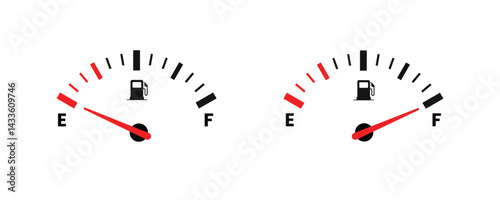 Full and Empty indicator Fuel, Set Fuel indicators Icons. Fuel gauge with warning to indicate low fuel level, Vector of classic gas tank indicator on car dashboard panel. isolated on white backgroud.