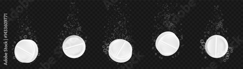 Fizzy pills. 3D soluble tablets with fizz air bubbles, effervescent pill in water. Aspirin or vitamin painkiller fizzy drugs and sparkling air bubbles. Vector isolated set.