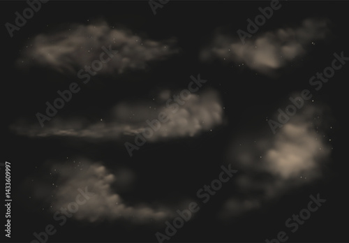 Smoky dust. Realistic white smoke and sand cloud with particles, desert sandstorm or dust trails, car exhaust gases. Air pollution elements. Vector isolated set.