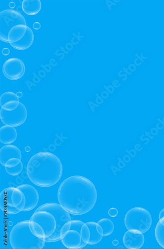 Vertical blue background with soap bubbles flying with free space for text, copy space. Vector illustration. EPS 10