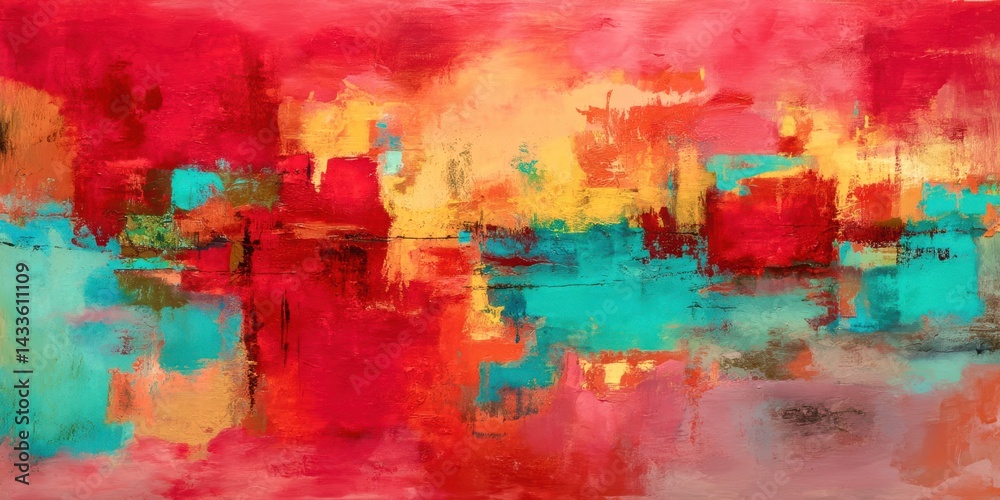 Fototapeta premium A painting of a cityscape with a red and blue background