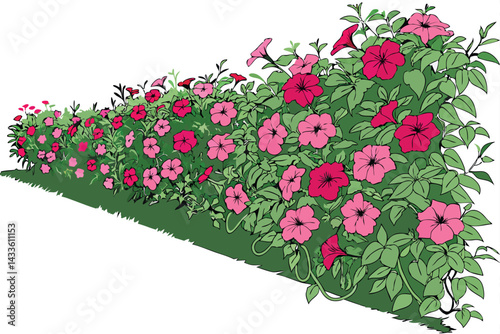 85 Lush floral wall, vibrant pink and red flowers, dense green foliage, vertical garden, blooming petunias, flower backdrop, botanical installation, living wall, colorful flower display, garden archit