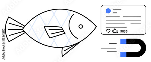 Fish metaphor, social media post with thumbs ups, and magnet for attraction. Ideal for social engagement, content strategy, campaigns, lead generation, online growth, user interaction simple landing