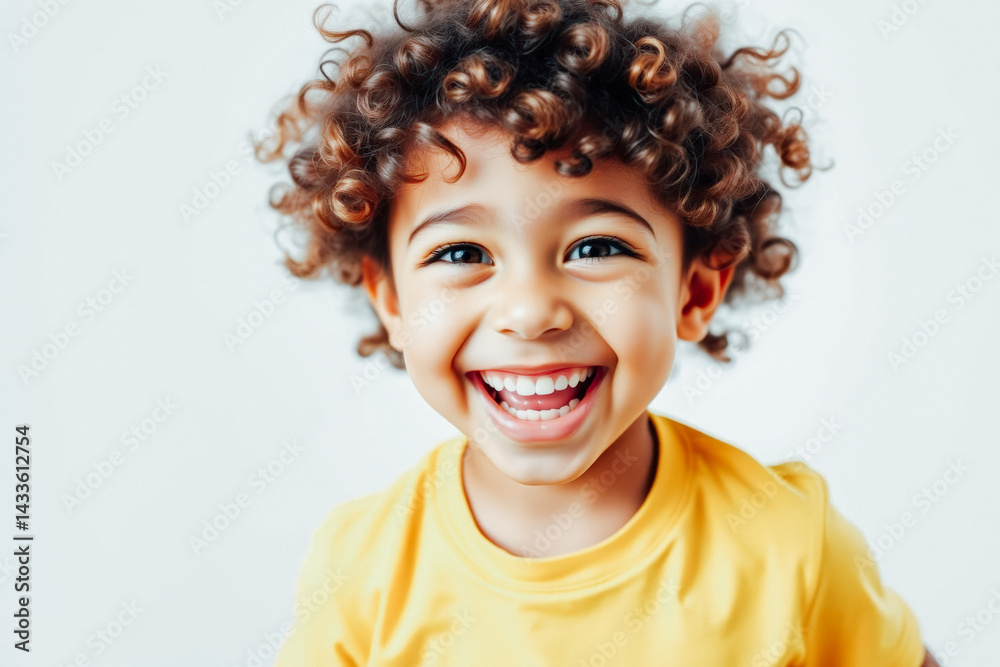 Joyful Child with Curly Hair Wearing Yellow T-Shirt