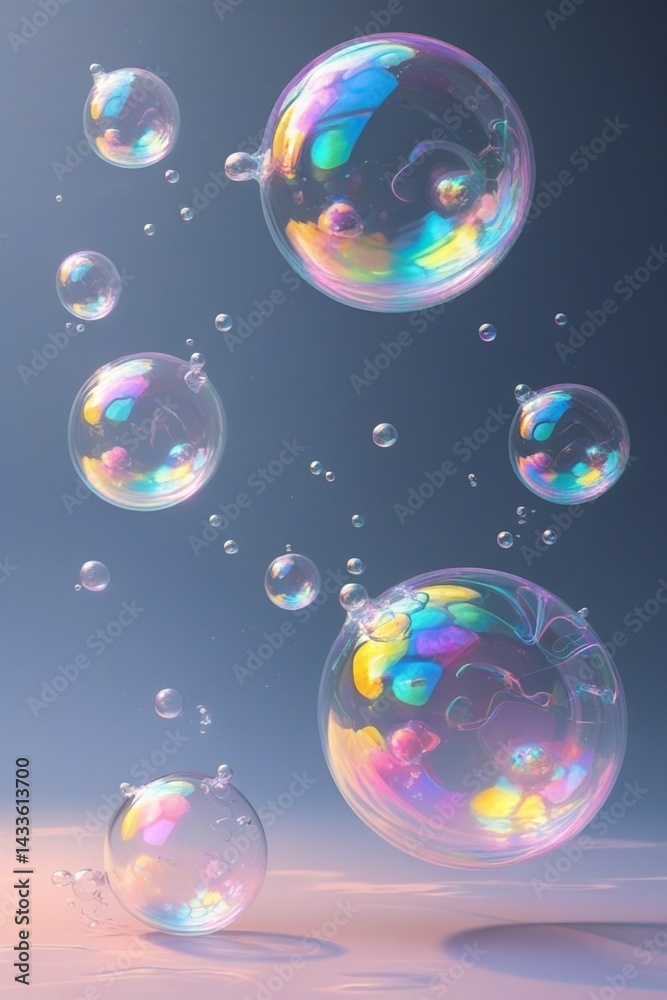The design features high-contrast images of iridescent soap bubbles on a gradient background, evoking wonder and nostalgia, and is intended for T-shirts. The design features high-contrast images of iridescent soap bubbles on a gradient background, evoking wonder and nostalgia, and is intended for T-shirts.