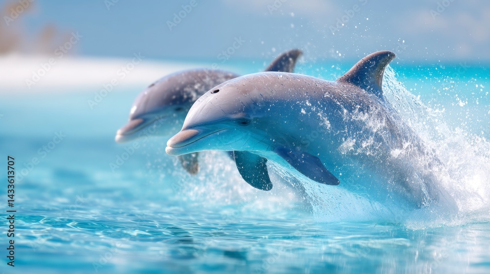 Naklejka premium Dolphins Jumping Out of Crystal Clear Water Near Tropical Beach