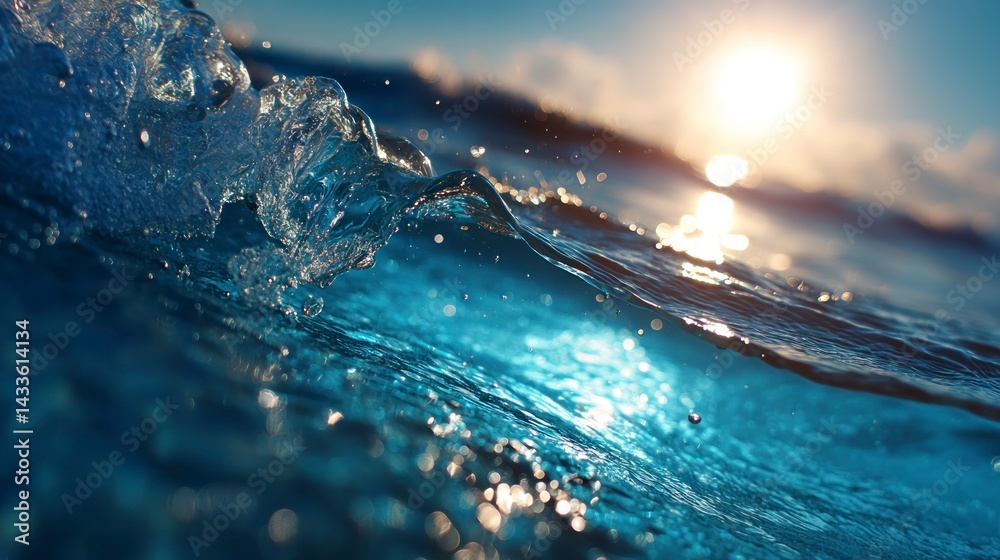 Fototapeta premium Ocean Wave Crashing at Sunset with Sparkling Light and Blue Water