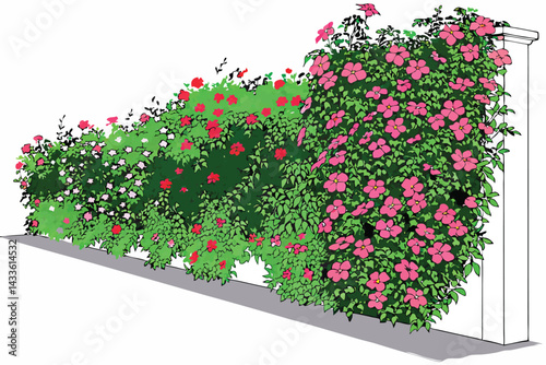 85 Lush floral wall, vibrant pink and red flowers, dense green foliage, vertical garden, blooming petunias, flower backdrop, botanical installation, living wall, colorful flower display, garden archit