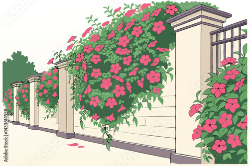 85 Lush floral wall, vibrant pink and red flowers, dense green foliage, vertical garden, blooming petunias, flower backdrop, botanical installation, living wall, colorful flower display, garden archit