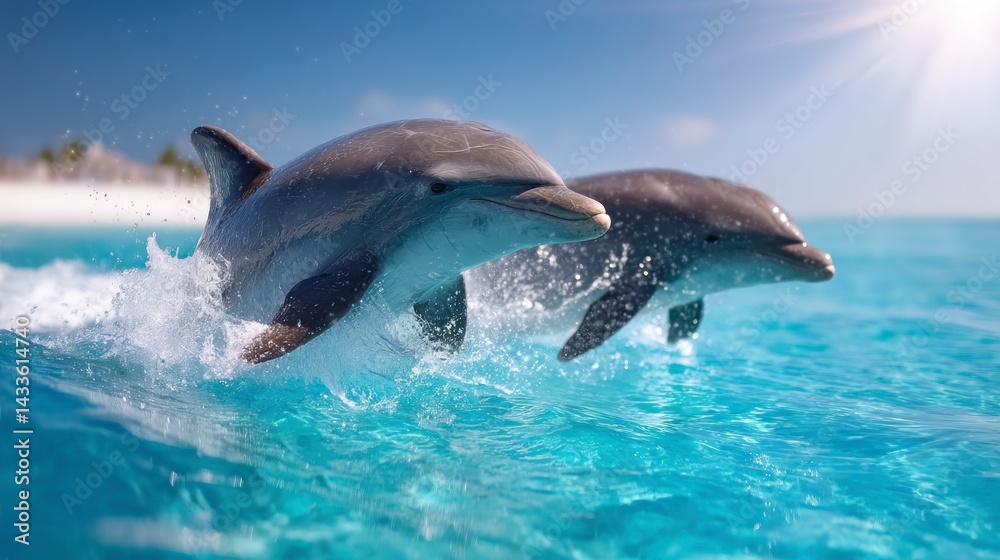 Fototapeta premium Two Dolphins Jumping in Tropical Water on Sunny Day Scene