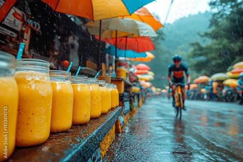 Rainy day, cyclist race, mango smoothies, street market