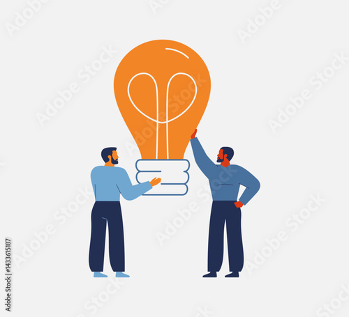 Sharing ideas and knowledge with others. Two men hold big light bulb together. Entrepreneurs have creative business solution or start up. Vector illustration