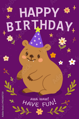hyrax happy birthday postcard with meme text awa waw. Hyrax daman vector rare animal on bright background with flowers and leaves. Design for greeting postcard or print posters. Trendy cute Kawaii