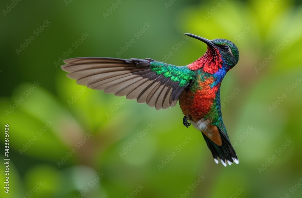 Fototapeta premium a hummingbird in mid-flight, suspended delicately in the air with its wings beating rapidly.