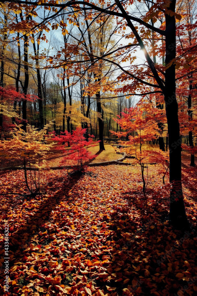 Autumnal Forest Canopy with Colorful Fallen Leaves
