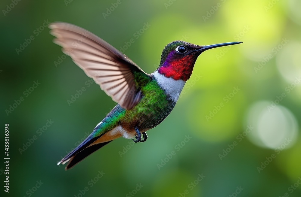 Fototapeta premium a hummingbird in mid-flight, suspended delicately in the air with its wings beating rapidly.