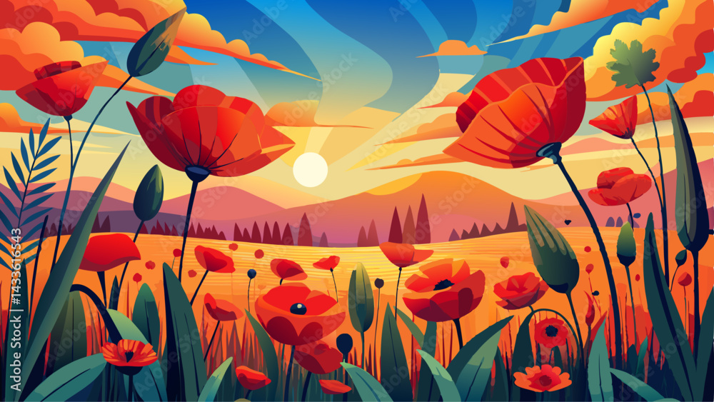 Obraz premium Beautiful nature background with red poppy flower poppy in the sunset in the field. Remembrance day, Veterans day, lest we forget concept.